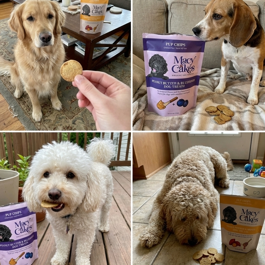 Collage of dogs with Macy Cakes pet treats in various settings. there is a golden retriever , beagle, beshon