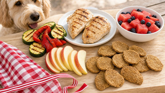 Dog-safe 4th of July cookout plate with plain grilled chicken, watermelon, blueberries, and Macy Cakes Pup Chips clean-ingredient dog treats