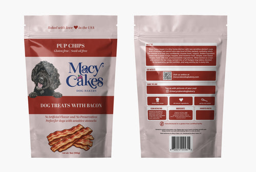 Bacon Pup Chips packaging front and back - Macy Cakes Dog Bakery