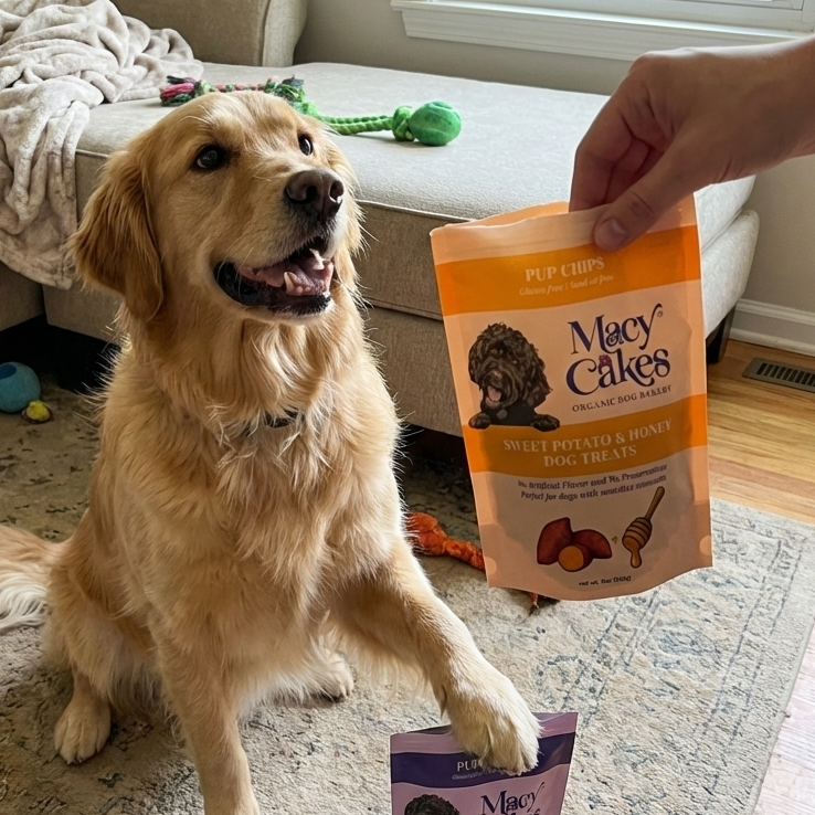 Photograph of a happy golden retriever dog sitting indoors with its paw resting on a purple Macy Cakes Peanut butter and blueberry treat bag, looking up at a human hand holding an orange Macy Cakes Sweet Potato & Honey dog treats bag, with a green braided toy on a light-colored couch in the background