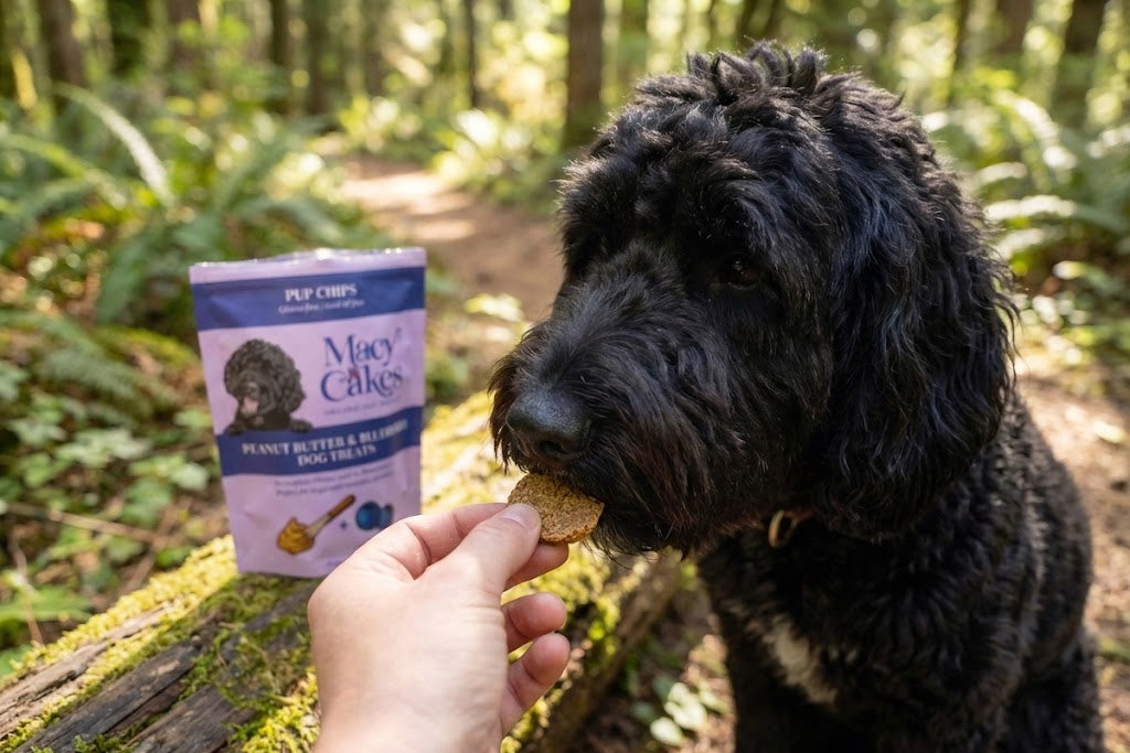 Dog eating a treat from a hand in a forest setting with a package of dog treats visible.
