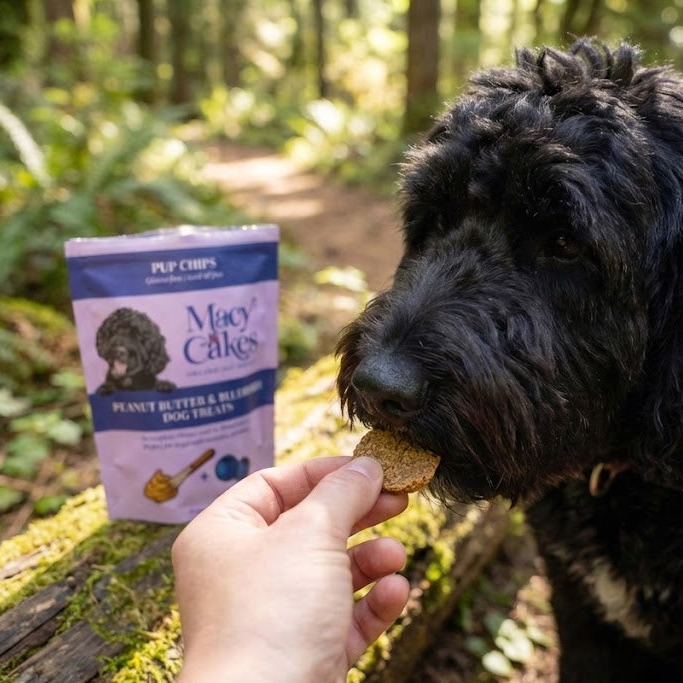 Photograph of a black fluffy dog gently taking a round brown treat from a human hand, with a lavender bag of Macy Cakes Pup Chips Peanut Butter & Blueberry Dog Treats resting on a mossy log in a sunlit forest trail